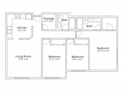 Floor plan for 3 beds, 2 baths, 1210 sqft